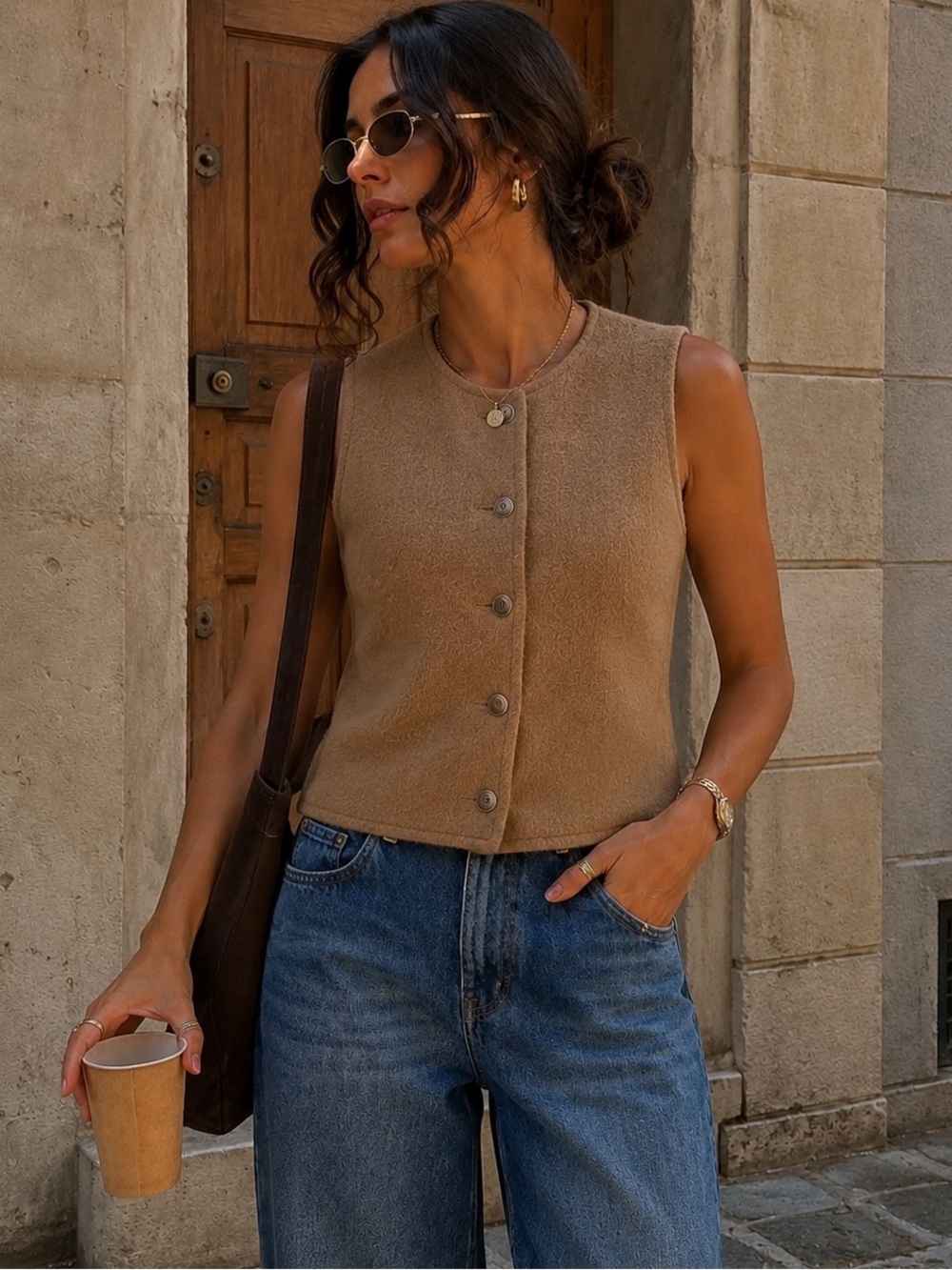 Vintage Camel Wool Blend Vest Beige Medium Minimalist Classic Fall Quiet Luxury